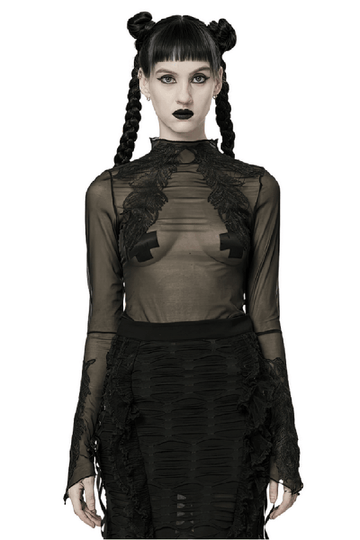 Gothic Black Sheer Mesh Skeleton Feather Lace Top